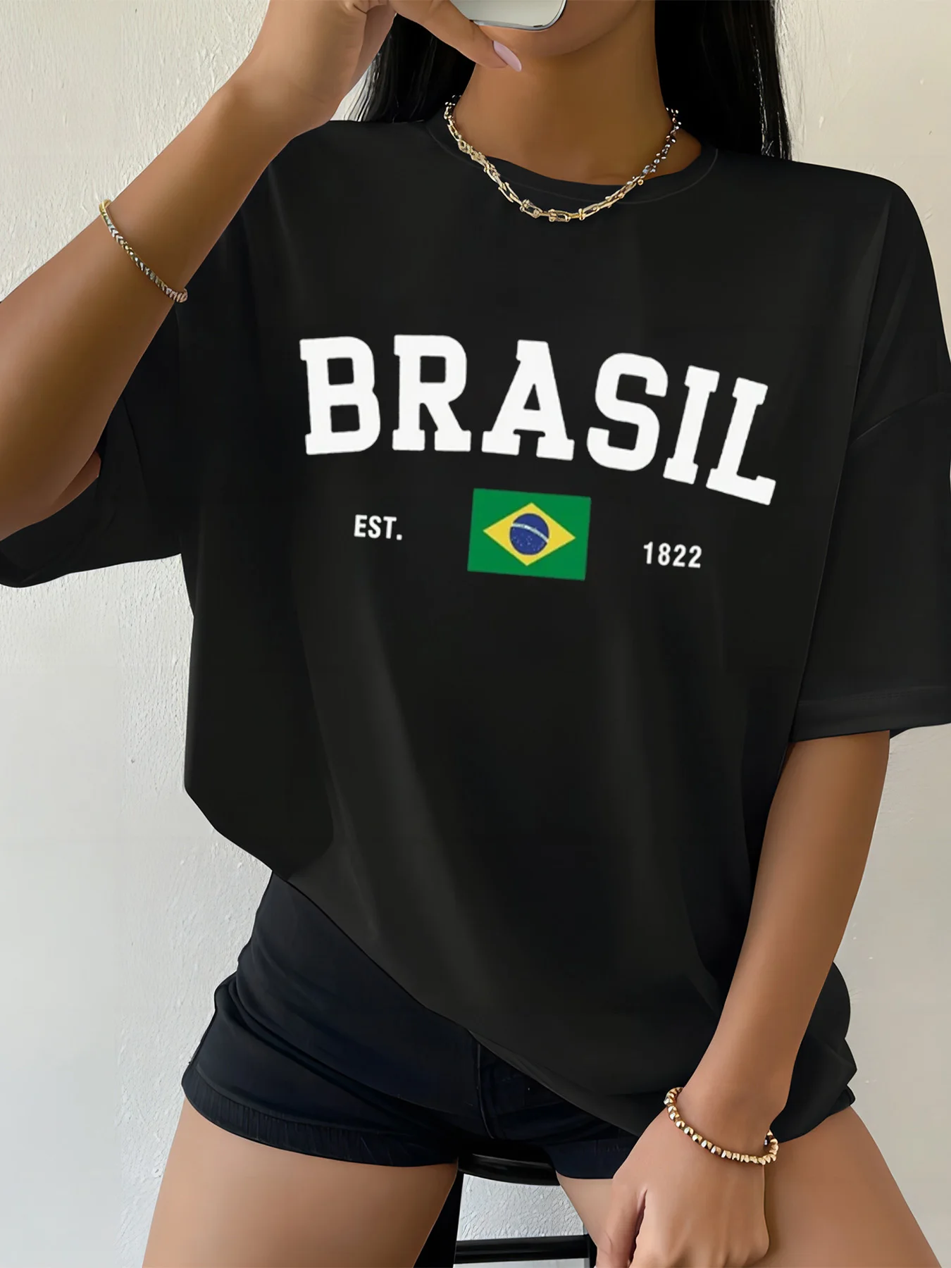 Brazilian Letter Design Pattern Loose Casual Short-Sleeved Summer Women\'s Fashion Round Neck T-Shirt Top