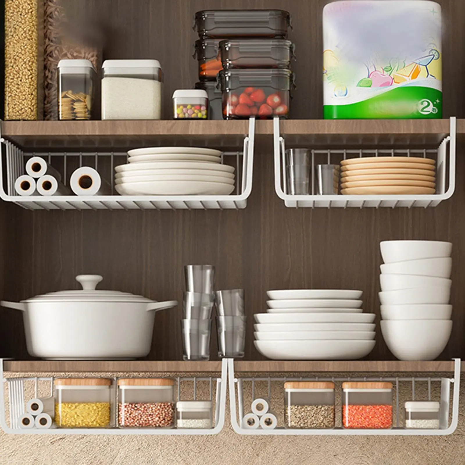 1 Stück Weiß/Schwarz Hängender Netz-Korb aus Eisenmaterial mit Großer Kapazität zum Aufhängen unter Schränken, an der Wand oder im Kleiderschrank, Aufbewahrungskorb für Küchenutensilien