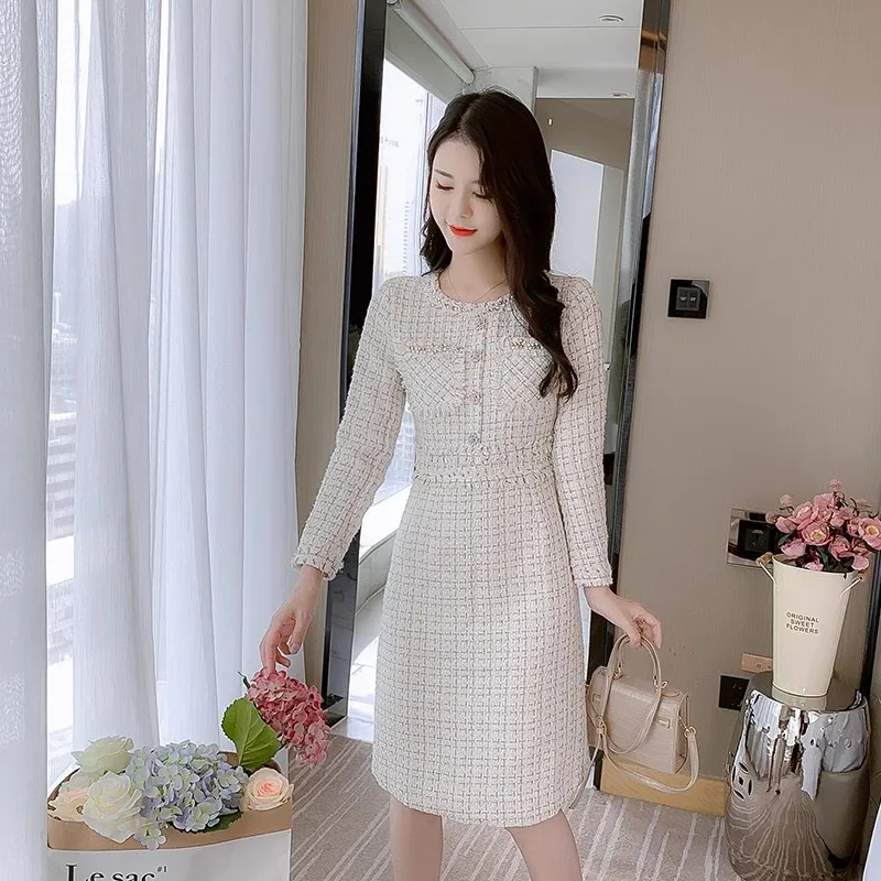 Women Autumn Winter New Slim Fit Beaded Fragrant Style Long Sleeve Thick Flower Woolen Dress Long