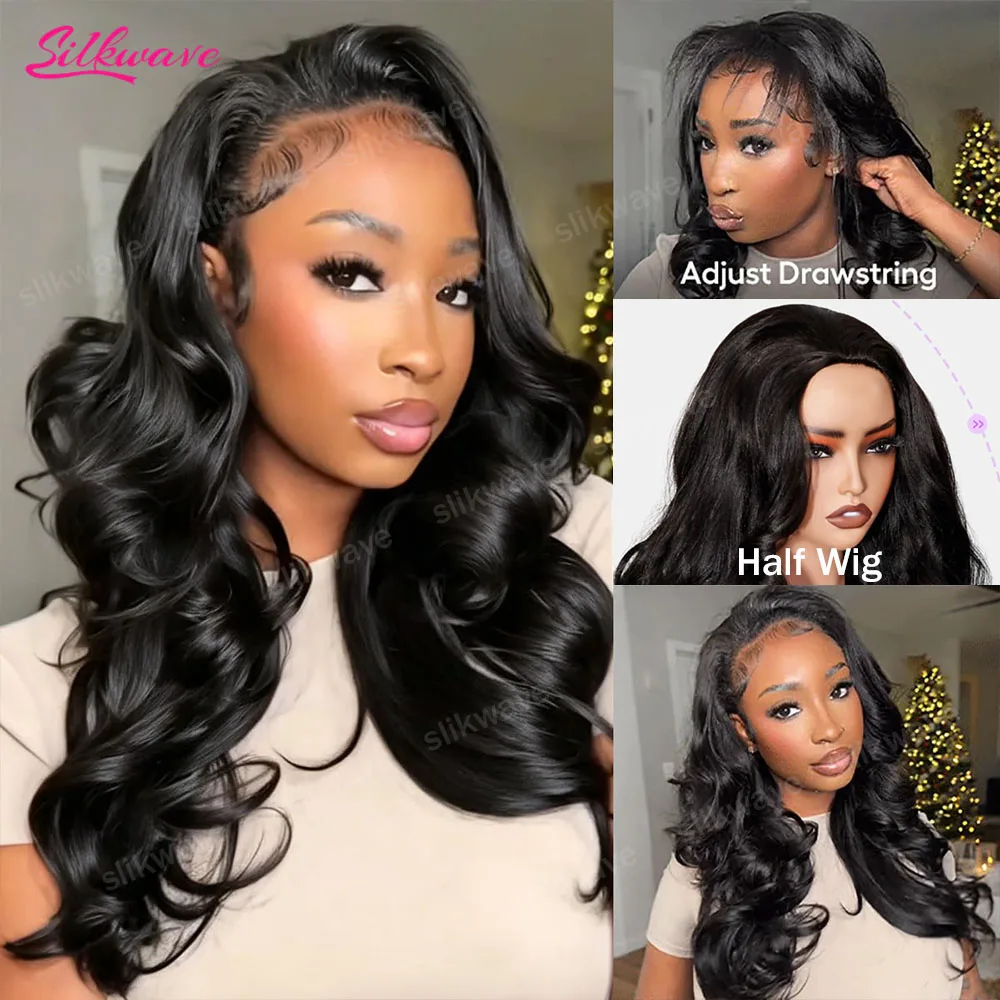 200% Body Wave Half Wig Human Hair 3 In 1 Half Wig Glueless Wigs Human Hair Wear And Go Drawstring For Women Beginner Friendly