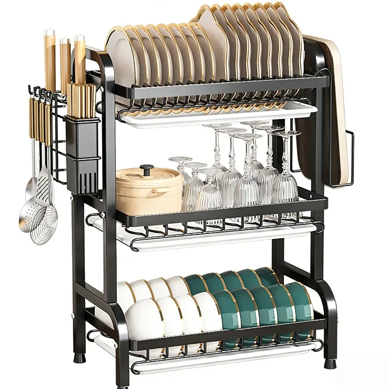 Égouttoir à vaisselle à 3 niveaux avec système de drainage, rangement pour bols et baguettes, étagères de rangement en acier pour placard
