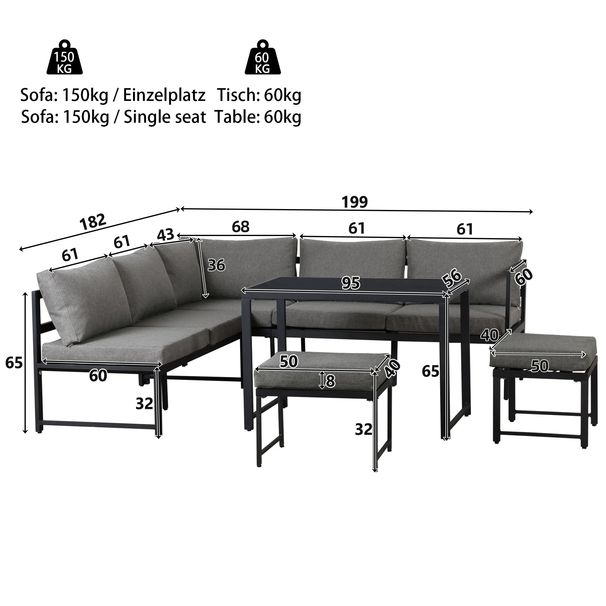 Tuinmeubelset voor buiten, balkonmeubelset, banktafelset, tuinmeubelen, bankstel met zit- en rugkussen, met verstelbare funkti