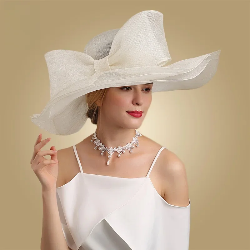 FS eleganckie czarno-białe stroiki do włosów na wesele kościół Sinamay kapelusze z Big Bowknot Kentucky Derby Hat Fedora spotkanie przy herbacie — zdjęcie 2