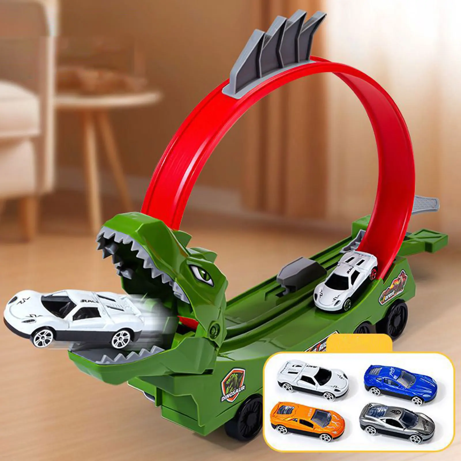 Juego de rampa de coche de carreras de juguete de pista de dinosaurio Flexible, juego de juguetes de coche transformador, rotación de 360 grados, juguete interactivo de empuje y Go, 5 uds.