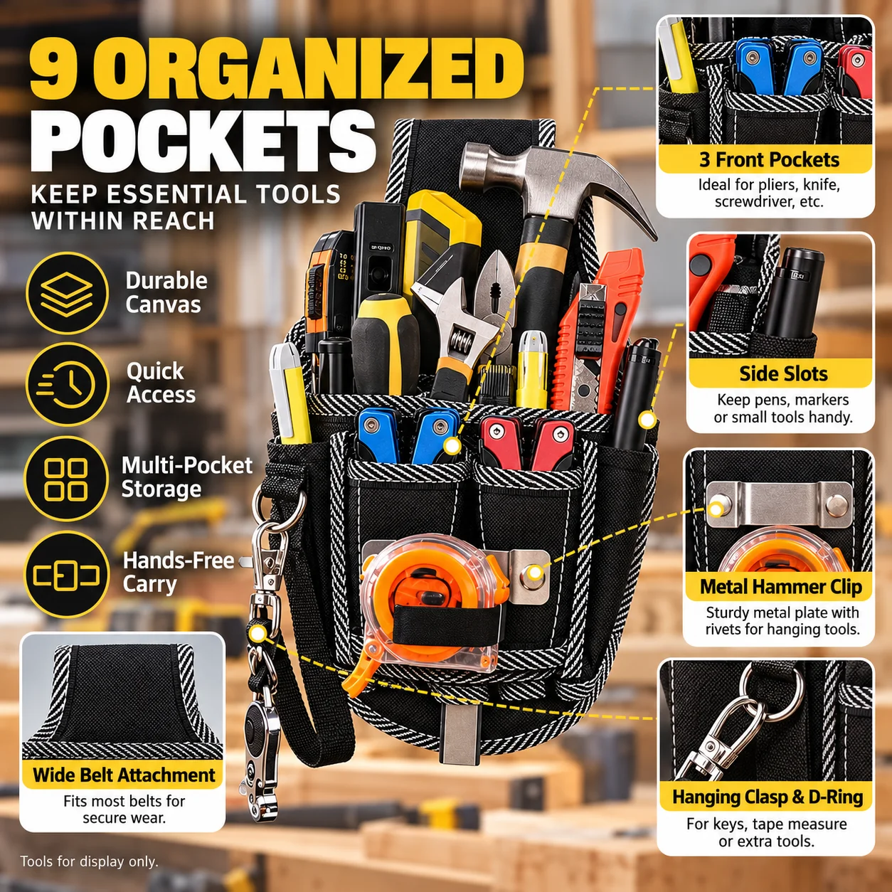 1PC 9 Pocket Tool Belt Pouch Waist Bag Durable Canvas Tool Organizer for Carpenter Painter Electrician Builder Black