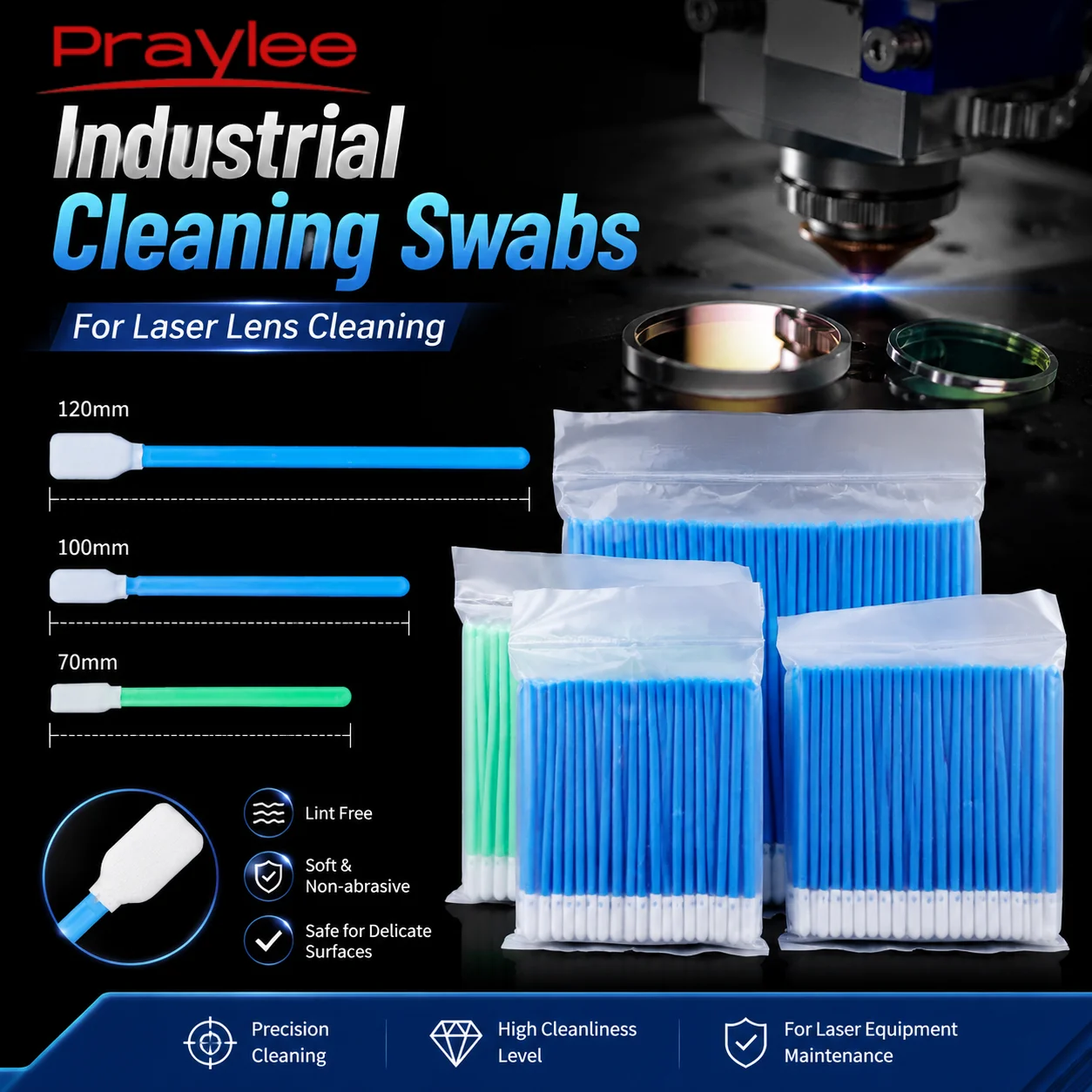 Industrial Foam Swabs for Laser Protective Window Lens Cleaning Lint Free Cleaning Swabs 70mm 100mm 120mm