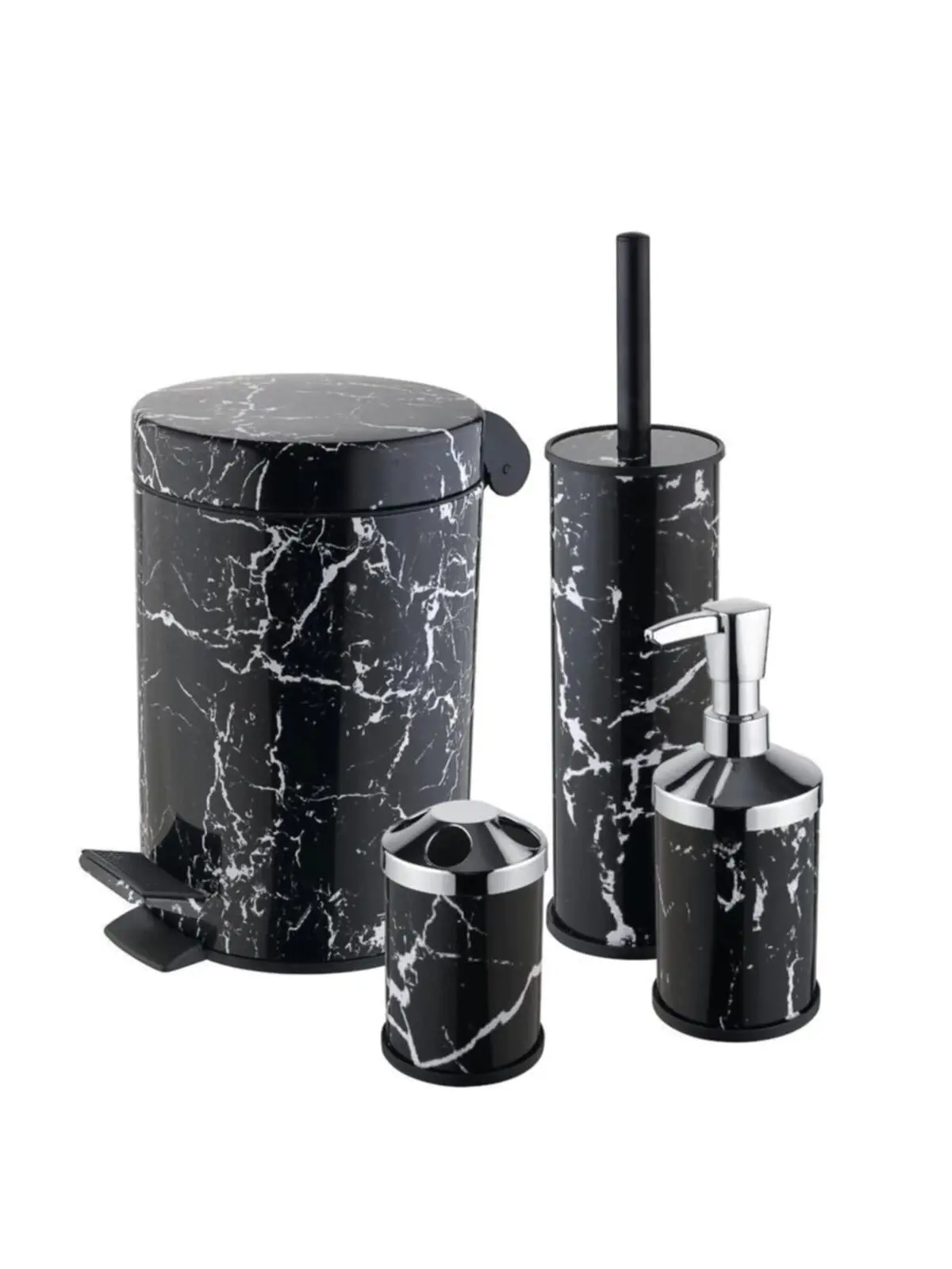 Pedal Garbage Bucket Toilet Brush Soap Dispenser Tooth Brush Holder 4 PCs Bathroom Set Black Marble Pattern Bathroom Accessories Sets