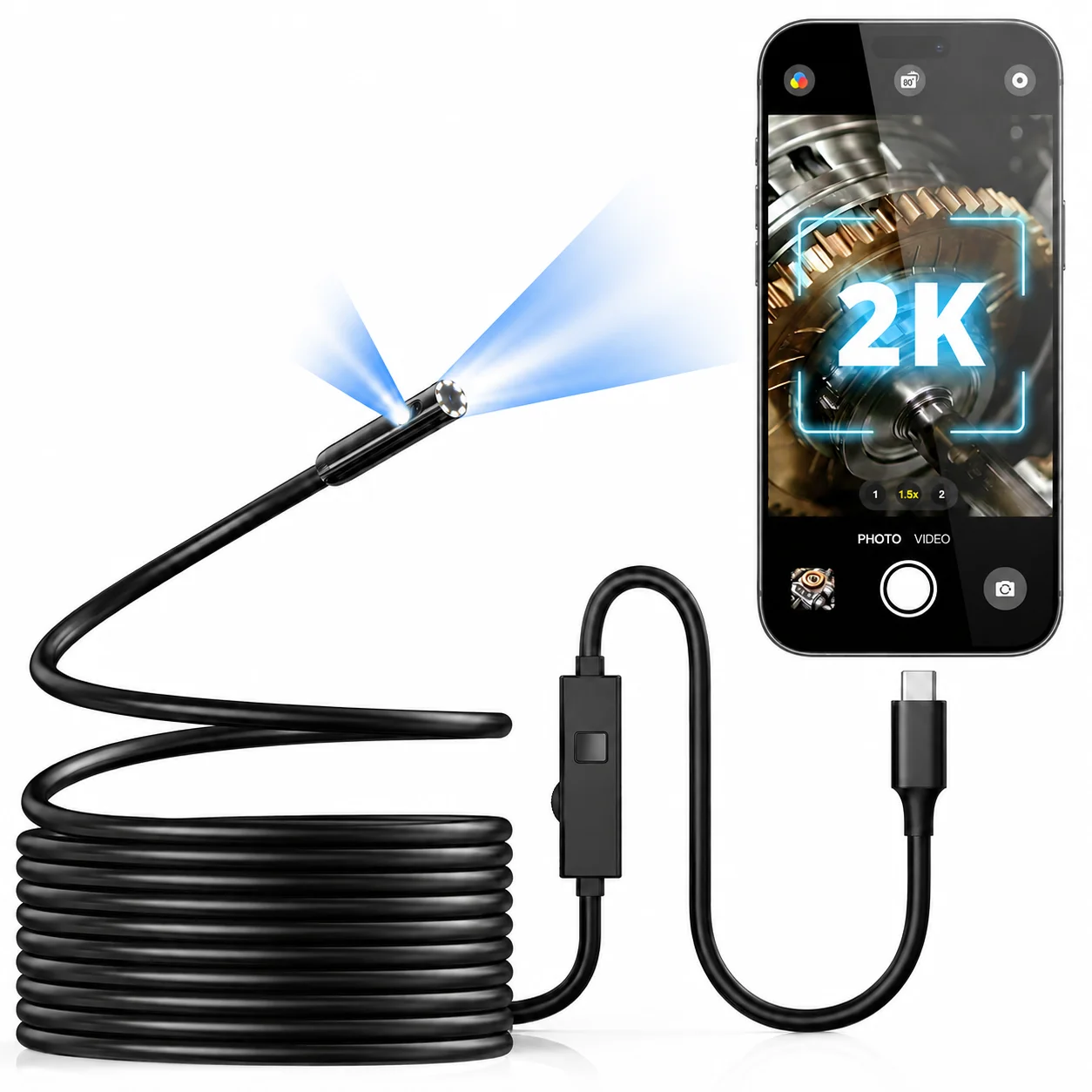 2K Dual Lens Borescope Camera 5m 10m for iPhone Android, 2560P Industrial Endoscope Inspection Camera for Automotive