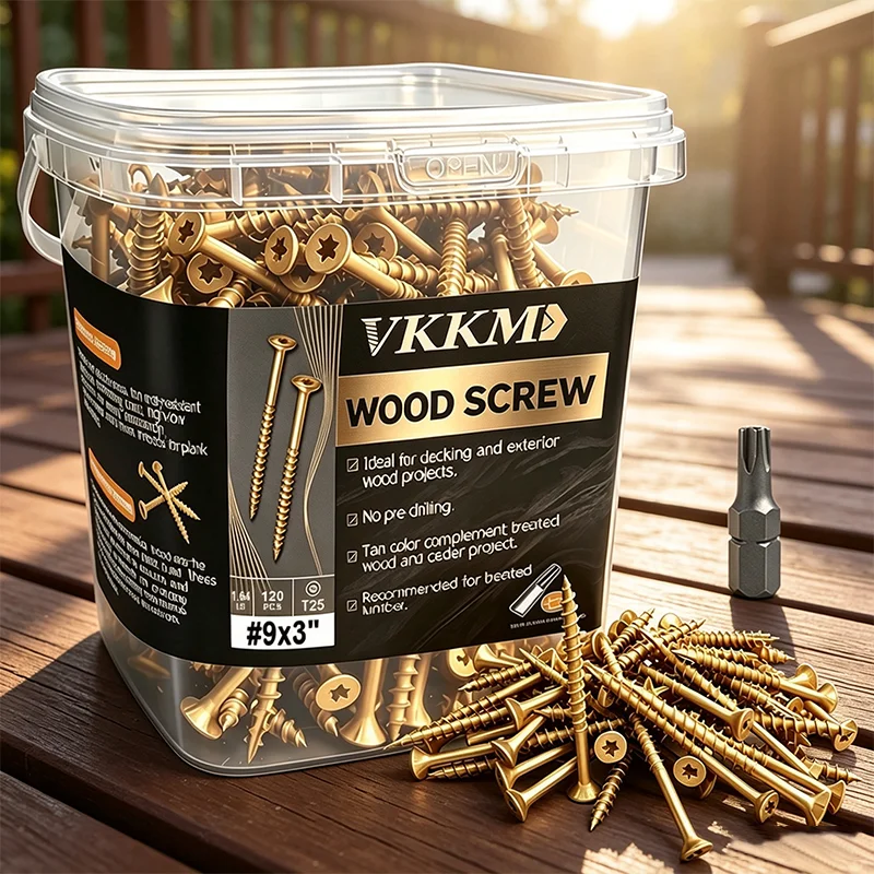VKKM Heavy Duty Yellow Deck Wood Screw Kit, Torx Drive Yellow Wood Fasteners, Exterior Epoxy Coated Wood Screws for Wood, Fencing, Plastic and Composite Decking Boards