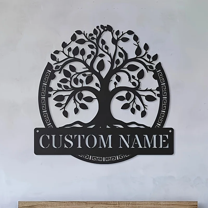Arte de Pared de Metal Personalizado del Árbol de la Vida. Letrero Personalizado con el Nombre de la Familia. Diseño Geométrico Reutilizable. Decoración Redonda de Metal para el Hogar