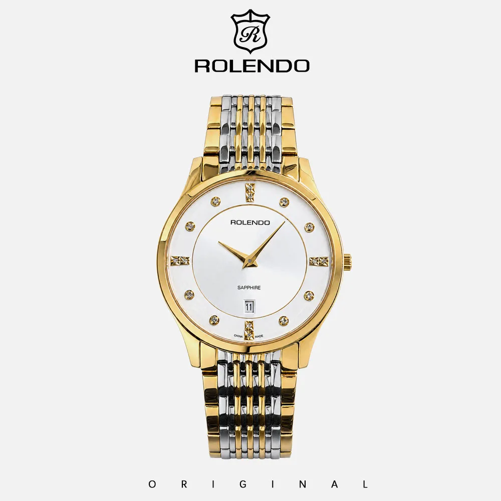 ROLENDO Fashion Men's Quartz Watch GM15 316L Stainless Steel Two Tone Bracelet Luminous Hands Date White Dial Business Watch