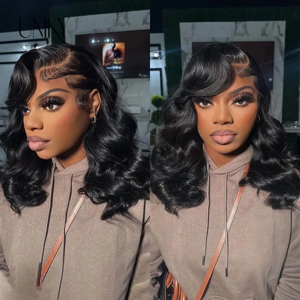 16 Inch Body Wave Short Bob Wig Human Hair 13x4 Transparent Lace Front Wigs Brazilian Virgin Human Hair Natural Black Color 1B