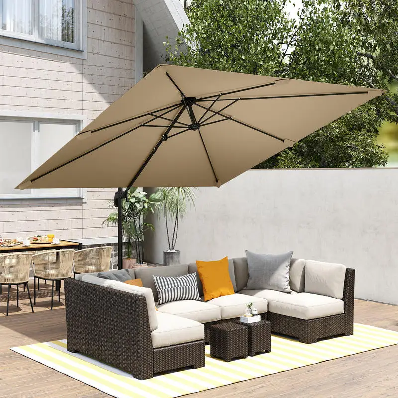 Parasol déporté carré 3 x 3 m, parasol de jardin extérieur, rotation 360°, inclinable 5 positions, base en croix, kaki