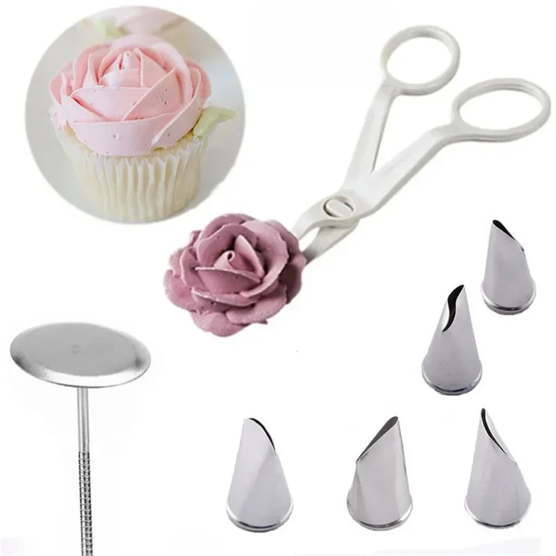 Ciseaux à fleurs + plateau à gâteaux + 5 buses tulipes et roses, lève-ongles, transfert de crème Fondant, cuisson, pâtisserie, cuisine, 7 pièces/ensemble