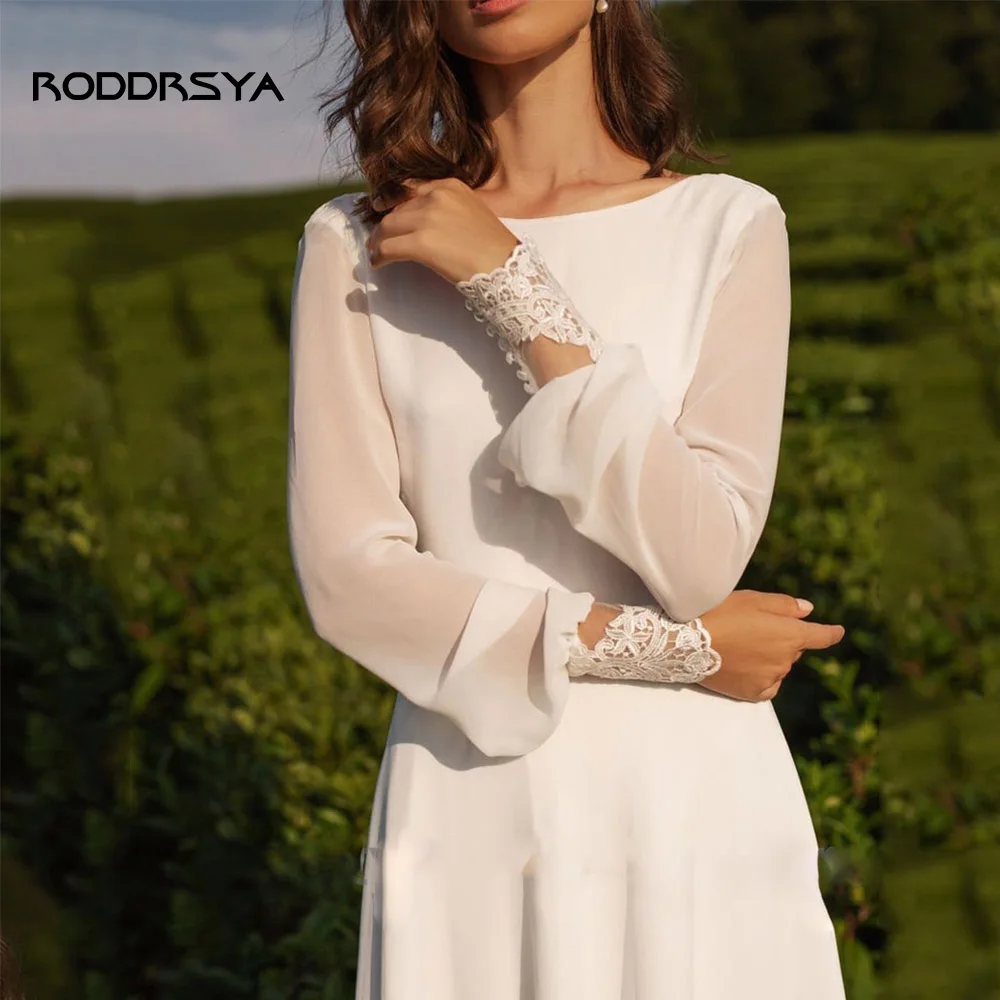 Roddresy boho vestido de casamento para a noiva elegante mangas compridas rendas chiffon praia vestidos de noiva scoop neck varredura trem robe de mariée