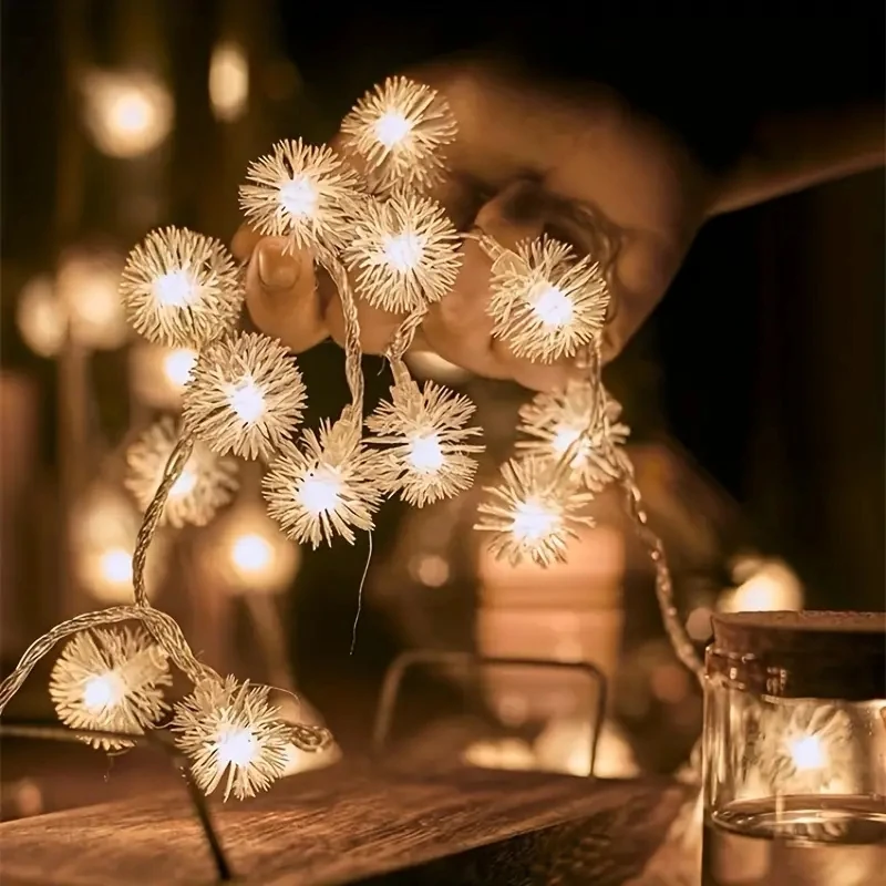 1PC 1,5 M / 3 M / 6 M LED Dandelions Fur Balls String Lights z opakowaniem na baterie Dekoracja pokoju w kształcie drzewa