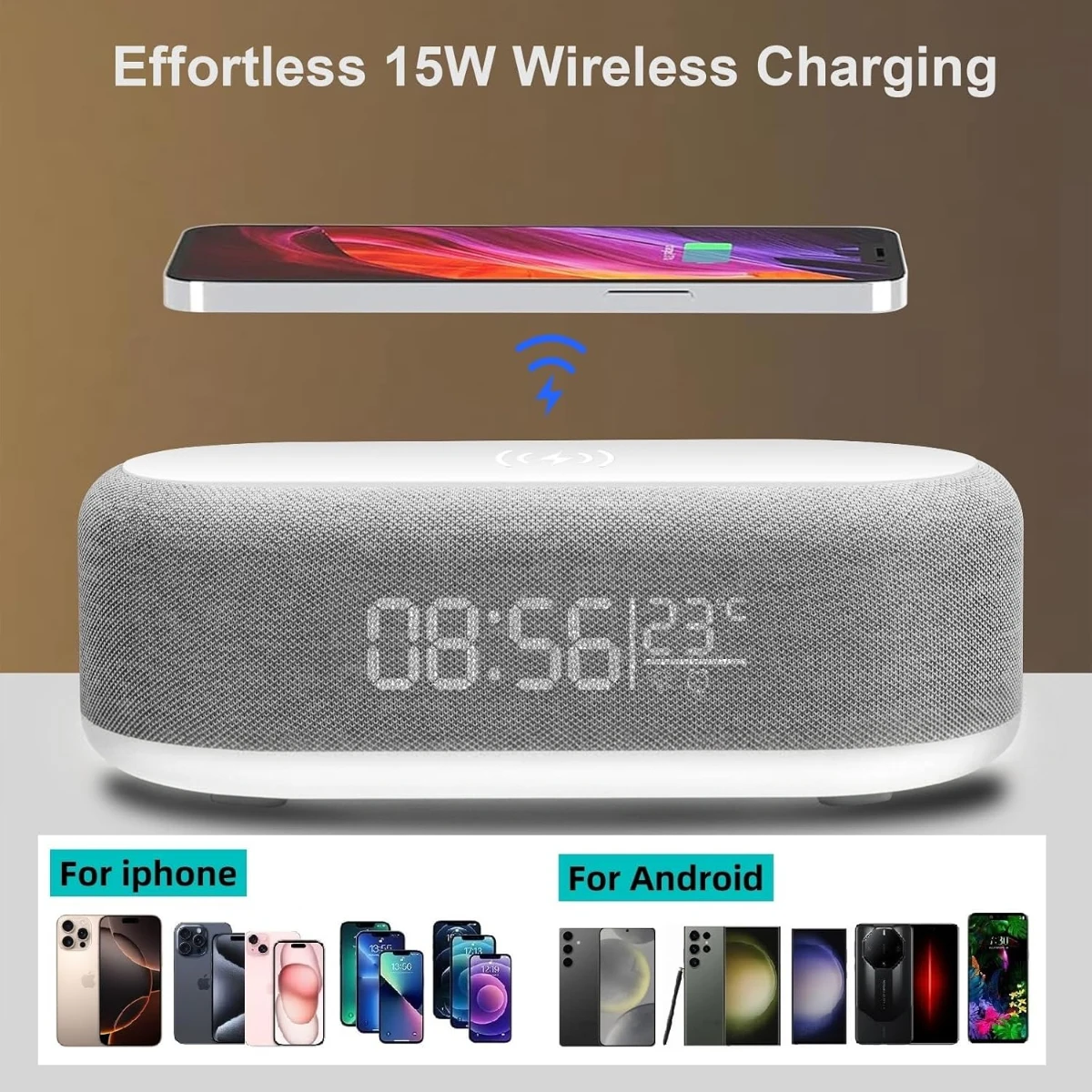 Alarm Clock 15W Wireless Charger Clock Bedroom Night Lamp Desktop Clock Temperature Thermometer for Pad Phone Fast Charging Dock