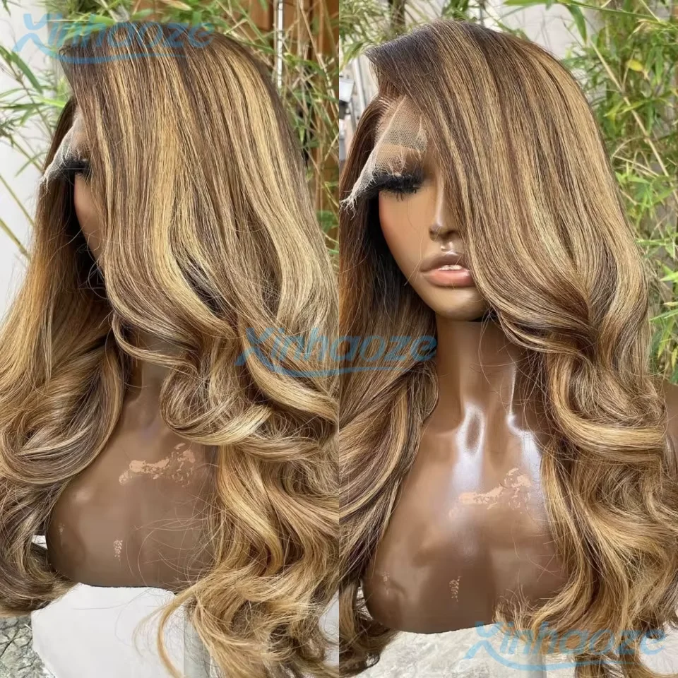 

Правая сторона тела Волнистый Коричневый Блондин Выделите Бесклеевой 13x4 Шелковый Верх Парики Фронта Шнурка С Темно-Коричневыми Корнями Цветные Парики Шнурка