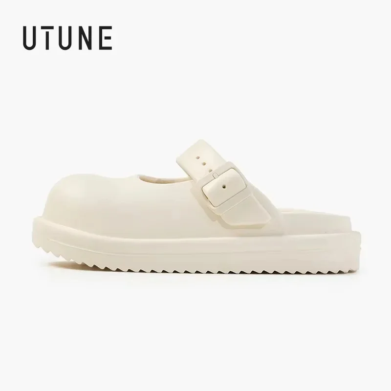 UTUNE  Cute Mary Jane Shoes for Women Breathable Perforated Design EVA Beach & Camping Non-Slip Sandals Trendy Cream White Slide
