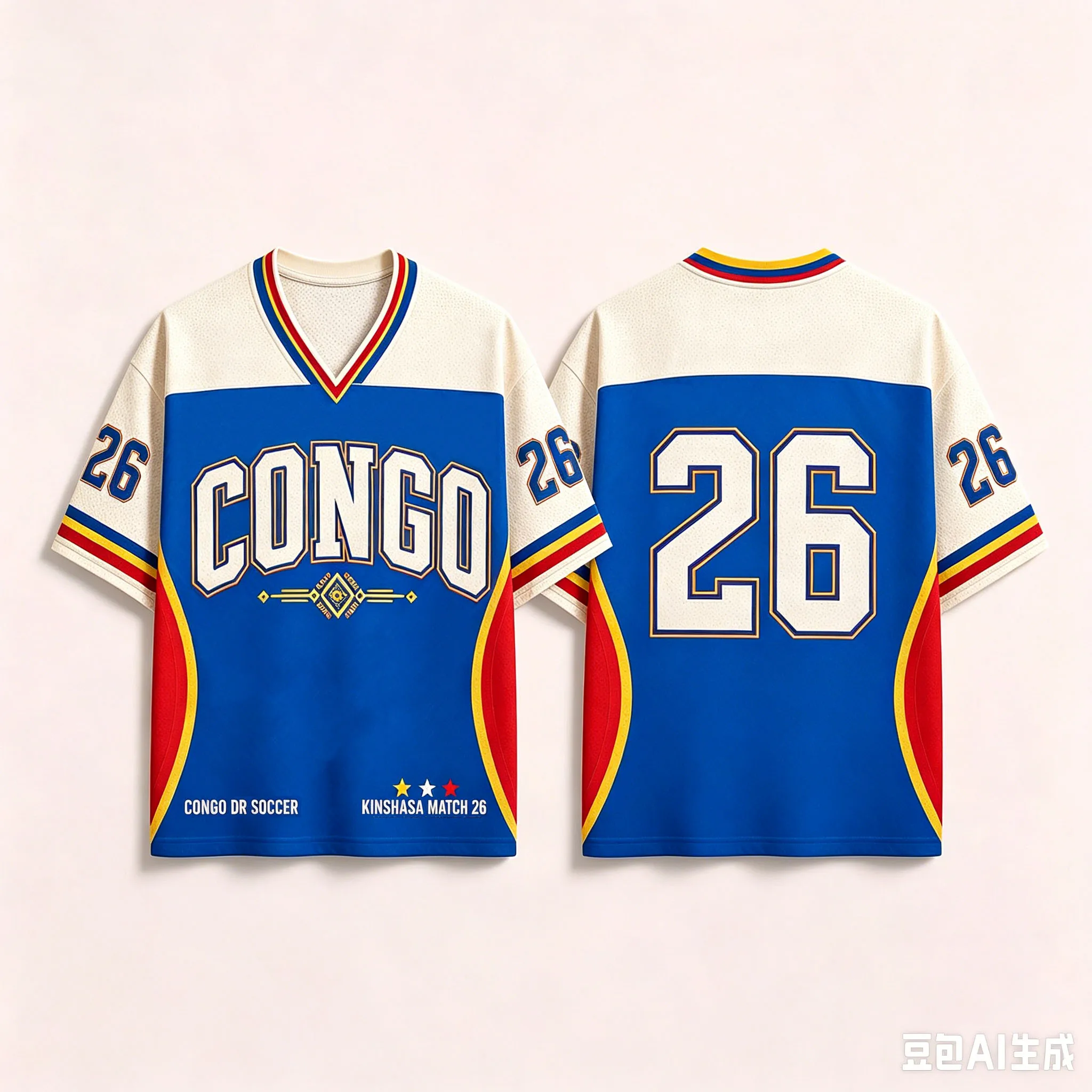 Maillot de football unisexe vintage Congo DR 26 respirant à col en V et manches courtes, imprimé équipe nationale du Congo, haut de sport décontracté style streetwear