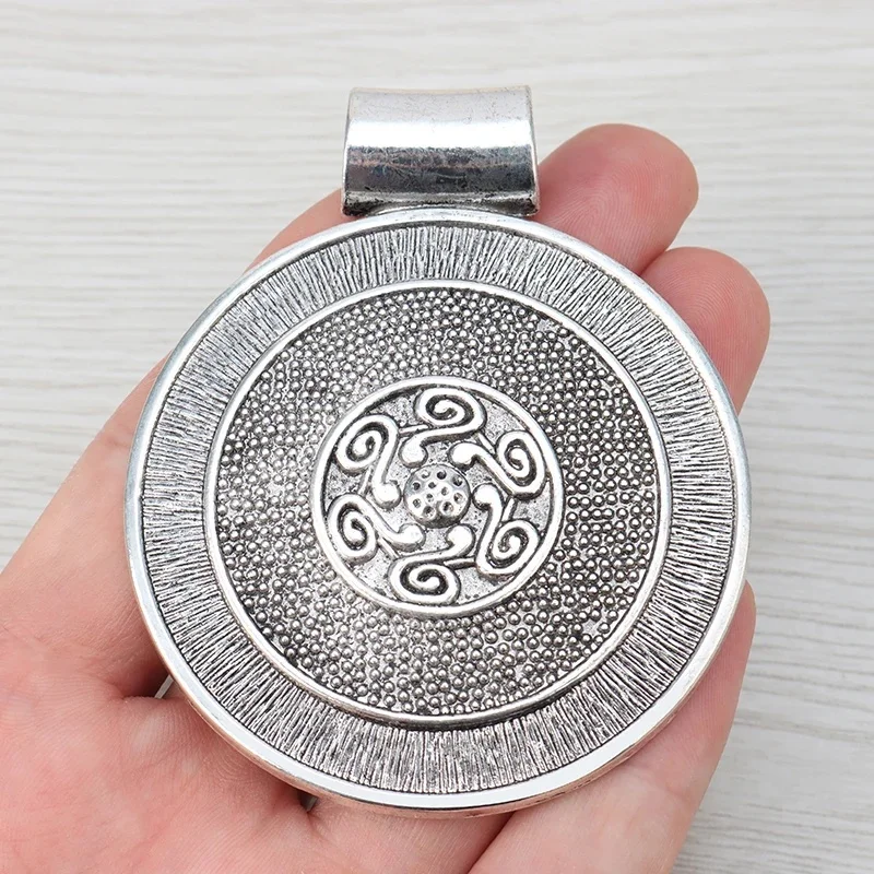 2 x antyczne srebro Boho czeski duży okrągły medalion Charms zawieszki dla naszyjnik biżuteria dokonywanie ustalenia 76x62mm — zdjęcie 2