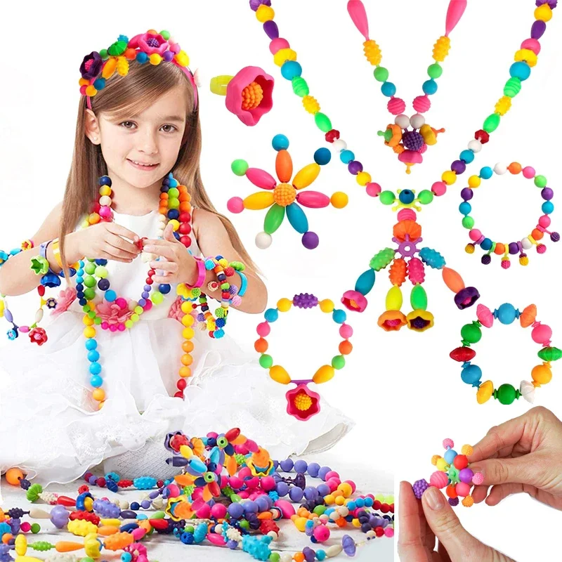 100 sztuk Pop koraliki dzieci dziewczyny księżniczka zestaw do robienia biżuterii kreatywny naszyjnik bransoletka pierścionki DIY idealne świąteczne prezenty urodzinowe — zdjęcie 2
