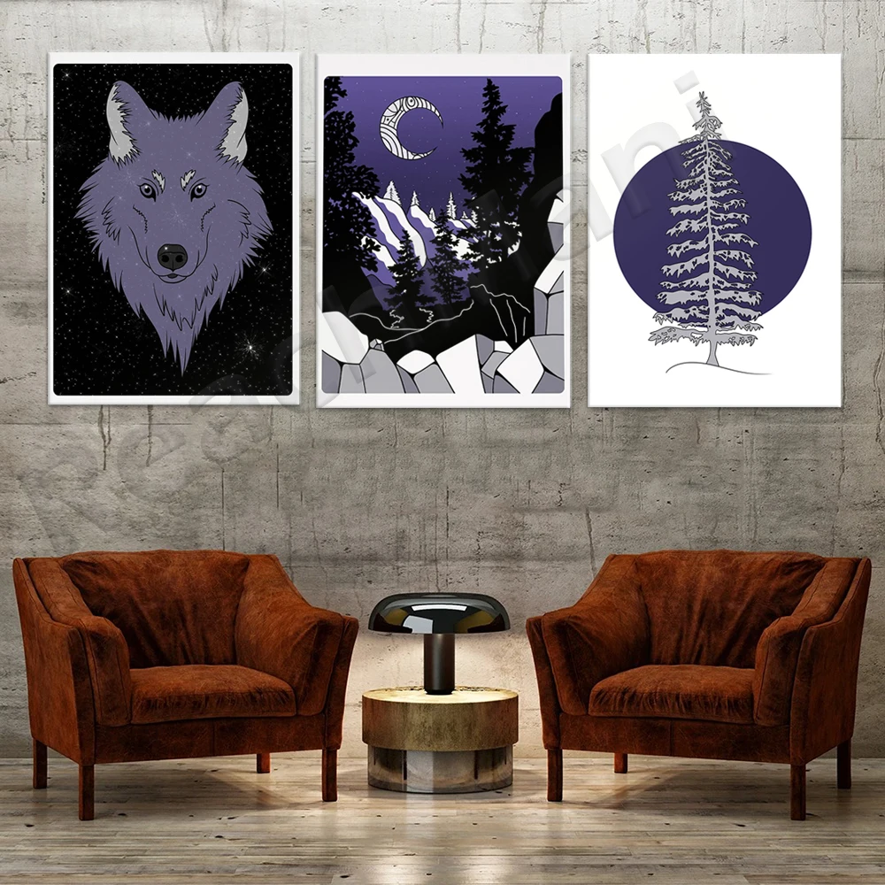 Purple Hunting Lodge Theme Mysterious Moon Silver Pine Starry Wolf Snow Landscape Winter Hunting Hunter Gifts Wandering Poster