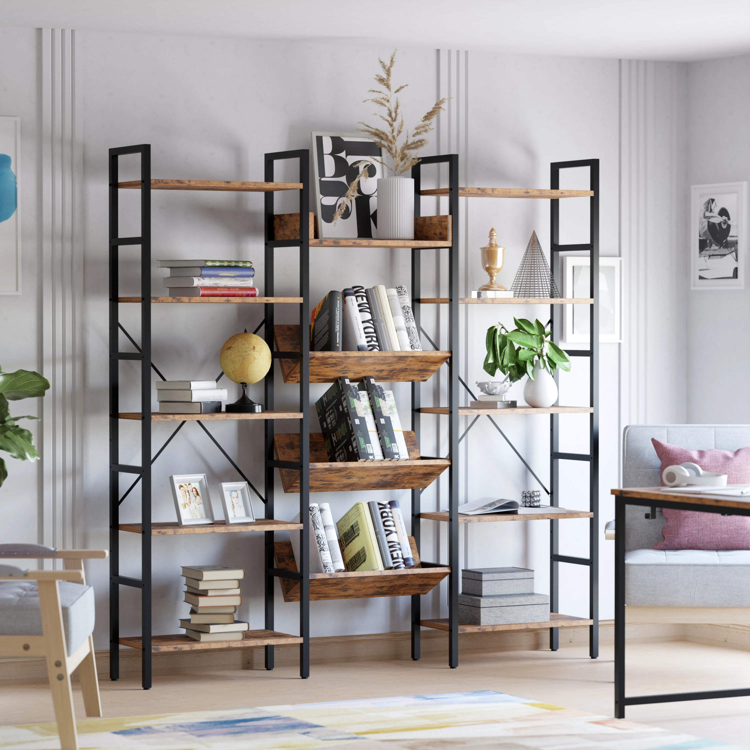 IRONCK Bookcases and Bookshelves Triple Wide 5 Tiers Industrial Bookshelf, Large Etagere Bookshelf Open Record Player Shelves