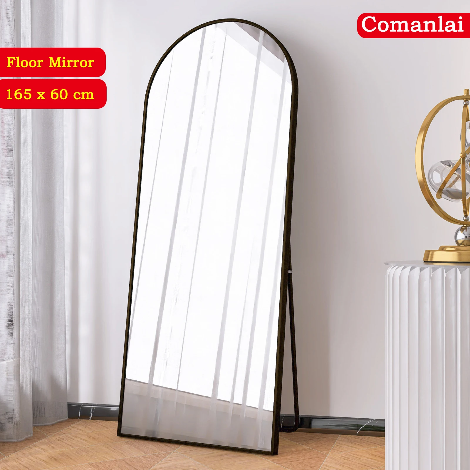 Comanlai Bogen-Bodenspiegel, 165 x 60 cm, Ganzkörperspiegel mit Aluminiumrahmen, Bodenspiegel, für Wohnzimmer, Schlafzimmer, Schwarz