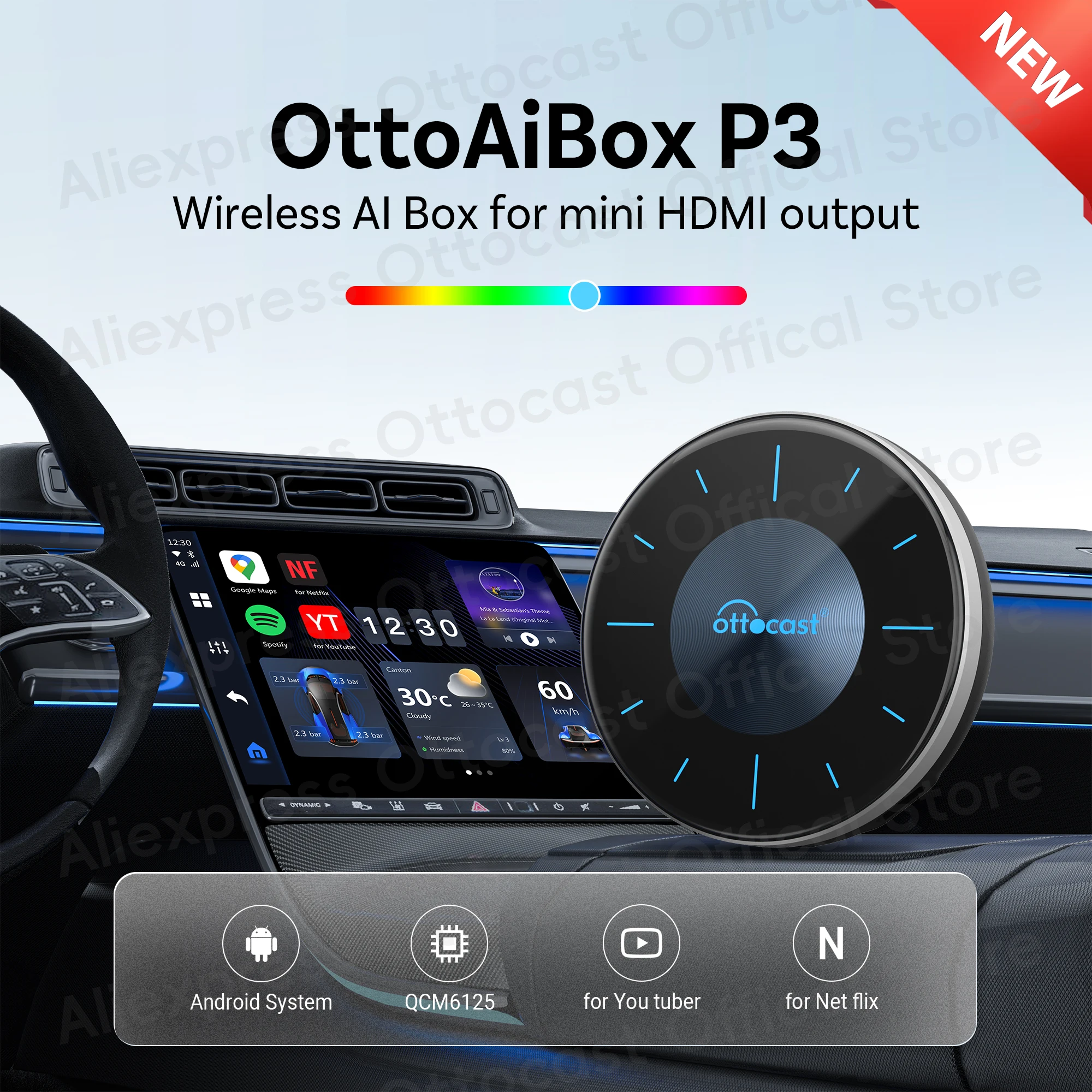 OTTOCAST P3 Android AI Box Wireless CarPlay Android Auto TV Box for HDMI Output Car Accessories Built in GPS for Youtube Netflix