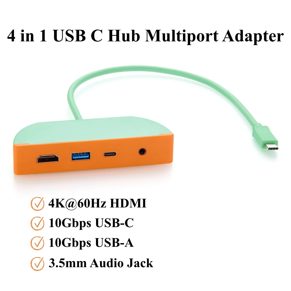 4-in-1 Multiport USB C Hub, With 4K@60Hz HDMI, USB 3.2 Gen 2 10Gbps USB-A & USB-C Ports, 3.5mm Audio Headphone Microphone Jack