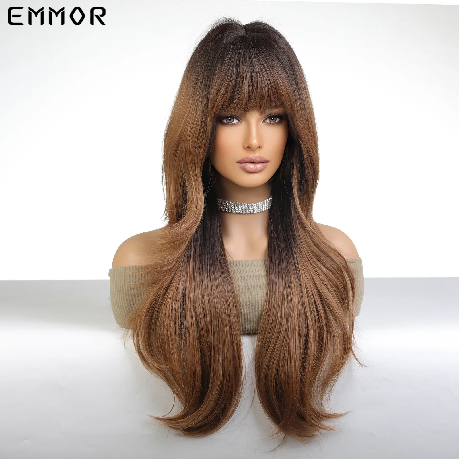 Emmor Synthetic Long Wavy Wigs with Bangs for Women Cosplay Natural Ombre Brown Hair Wig High Temperature Fiber