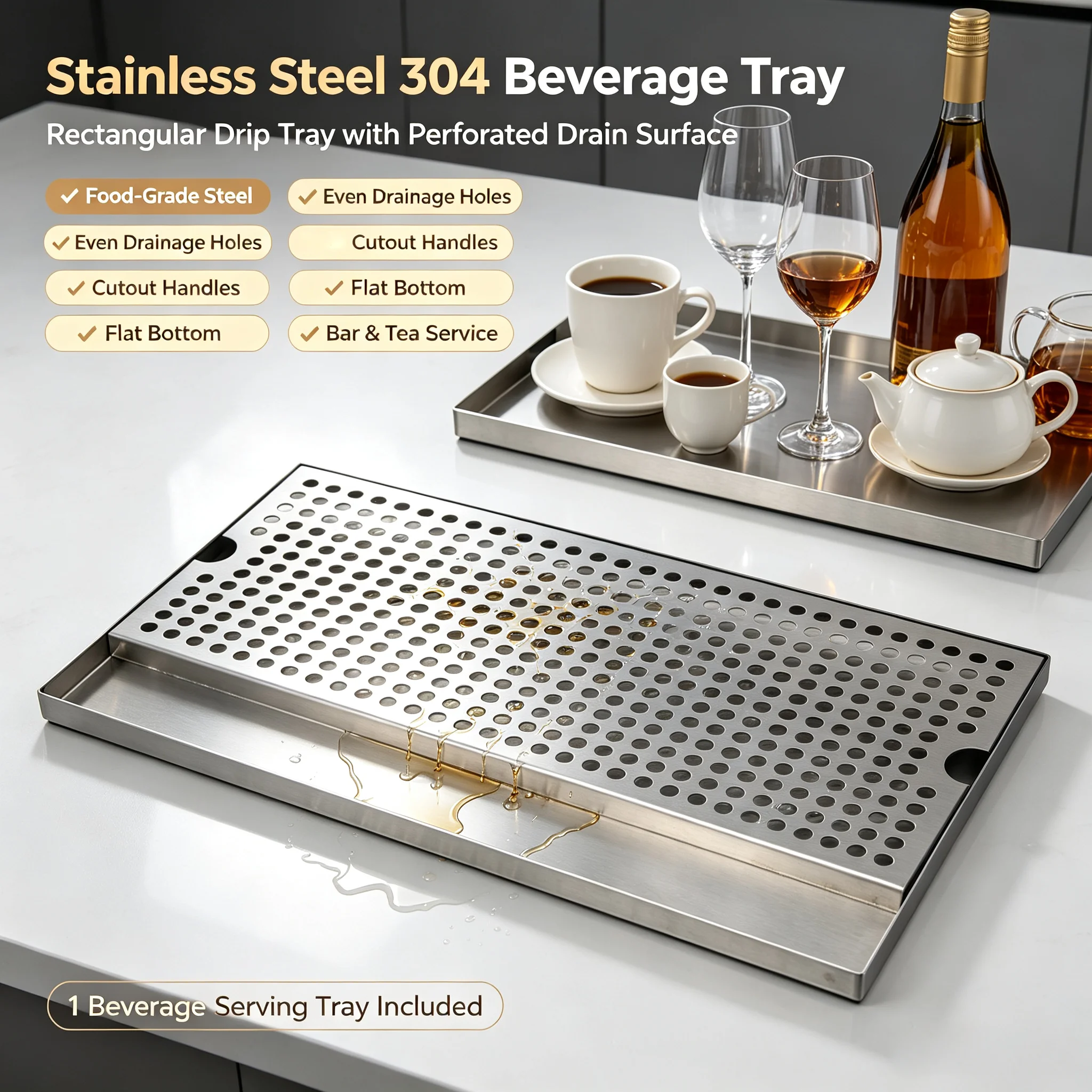 Beverage Serving Tray Detachable Drainage Holes Drop Tray Finger Grips Bar Drip Tray for Restaurant Teahouse Office Bar Club