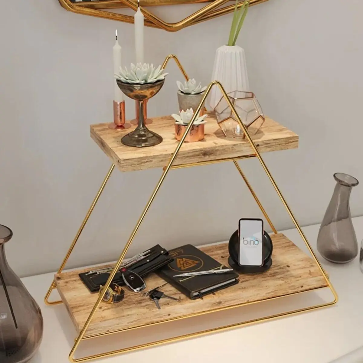 Decorative Triangle Table Shelf Wooden Two Tiers Table Servicing Rack and Stand Kitchen Bathroom Living Room Makeup Organizer