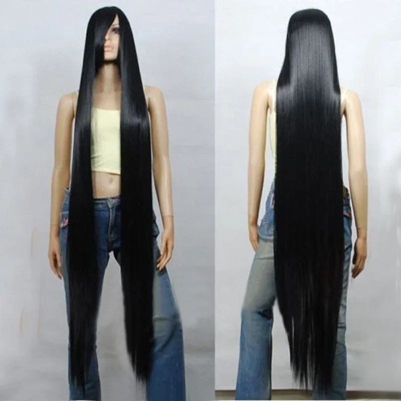 200Cm/79 "150Cm/59" 120Cm/47 "100Cm/39" 80Cm/32 "Zwarte Lange Rechte Pruik Hittebestendige Synthetische Haar Cosplay Pruiken + Pruik Cap - afbeelding 2