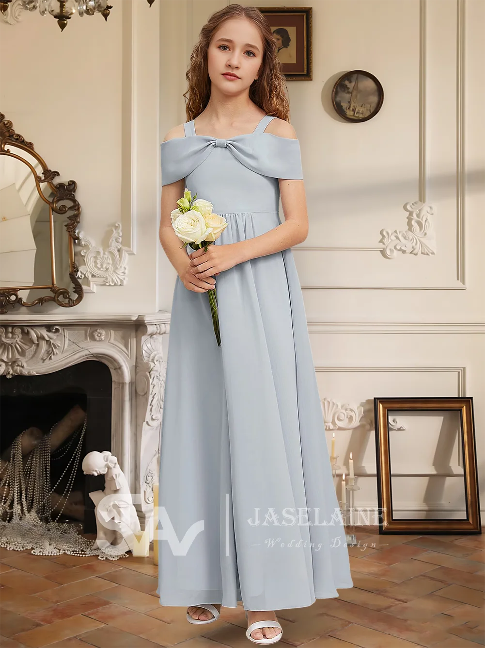 

A Kids Elegant A-Line Cold Shoulder Floor-Length Chiffon Junior Bridesmaid Dress Flower Girl Dress Girls Party Formal Wedding