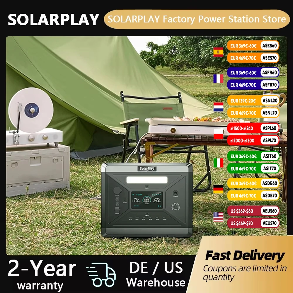 SOLARPLAY Q2501 Portable Power Station 2160WH LiFePO4 Battery with 2400W (4800W Peak) AC Output Solar Generator for Garden Party