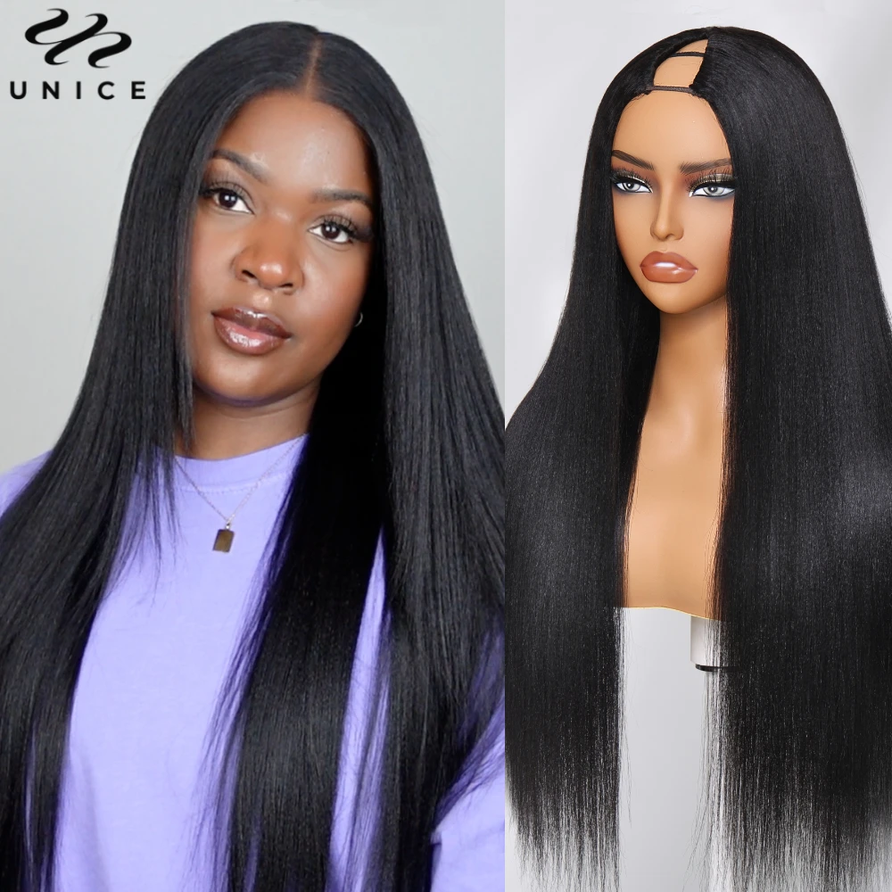 UNice Hair Yaki Straight V Part Wig 100% Human Hair V Shaped Wig Upgrade U Part Wig No Sew In Clip In Half Wig Read To Wear Go