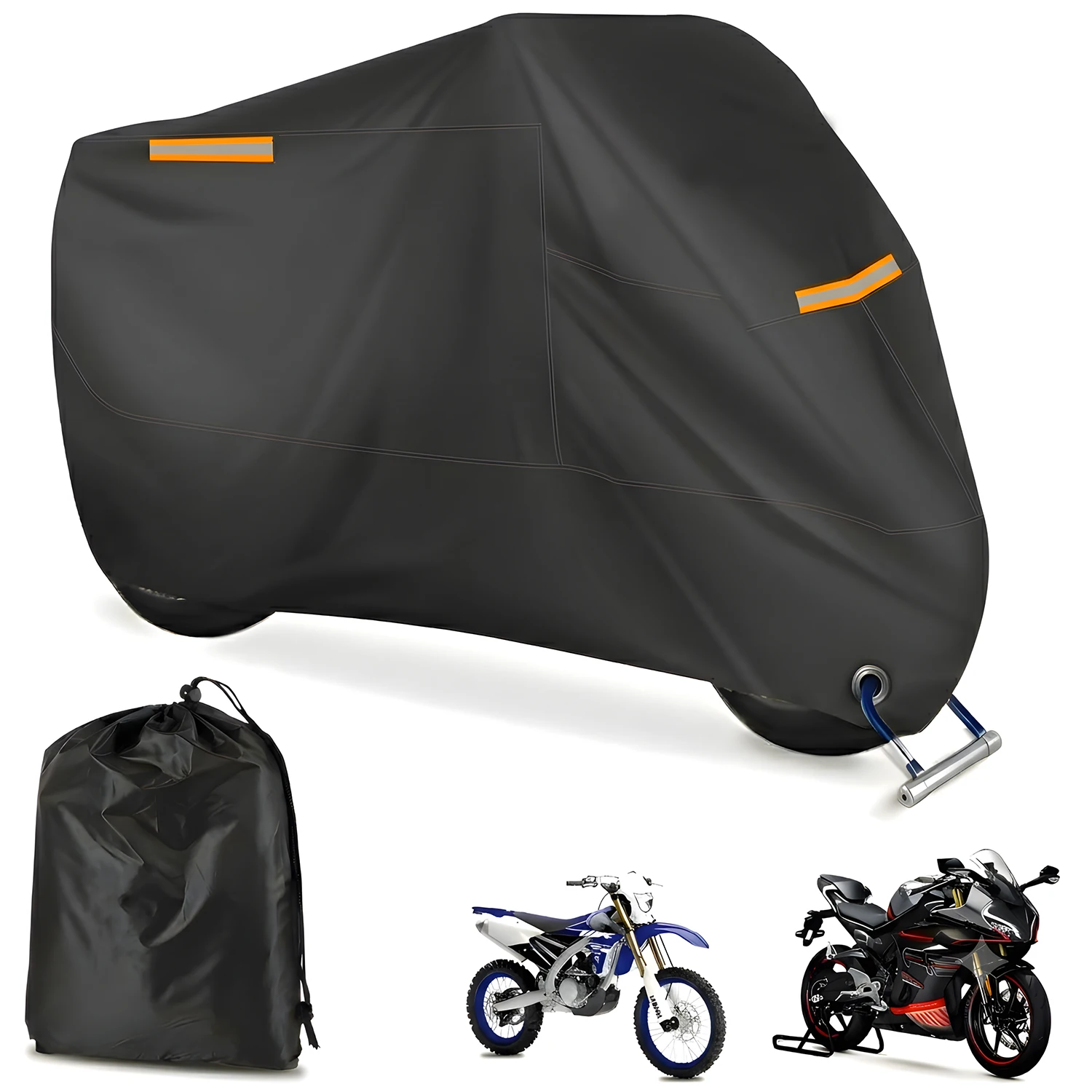 Pokrowiec na motocykl wykonany z poliestru 210D, wodoodporny, odporny na promieniowanie UV, pyłoszczelny, rozmiar 265×105×125 cm, do motocykli, skuterów i rowerów elektrycznych, czarny, z elastycznym