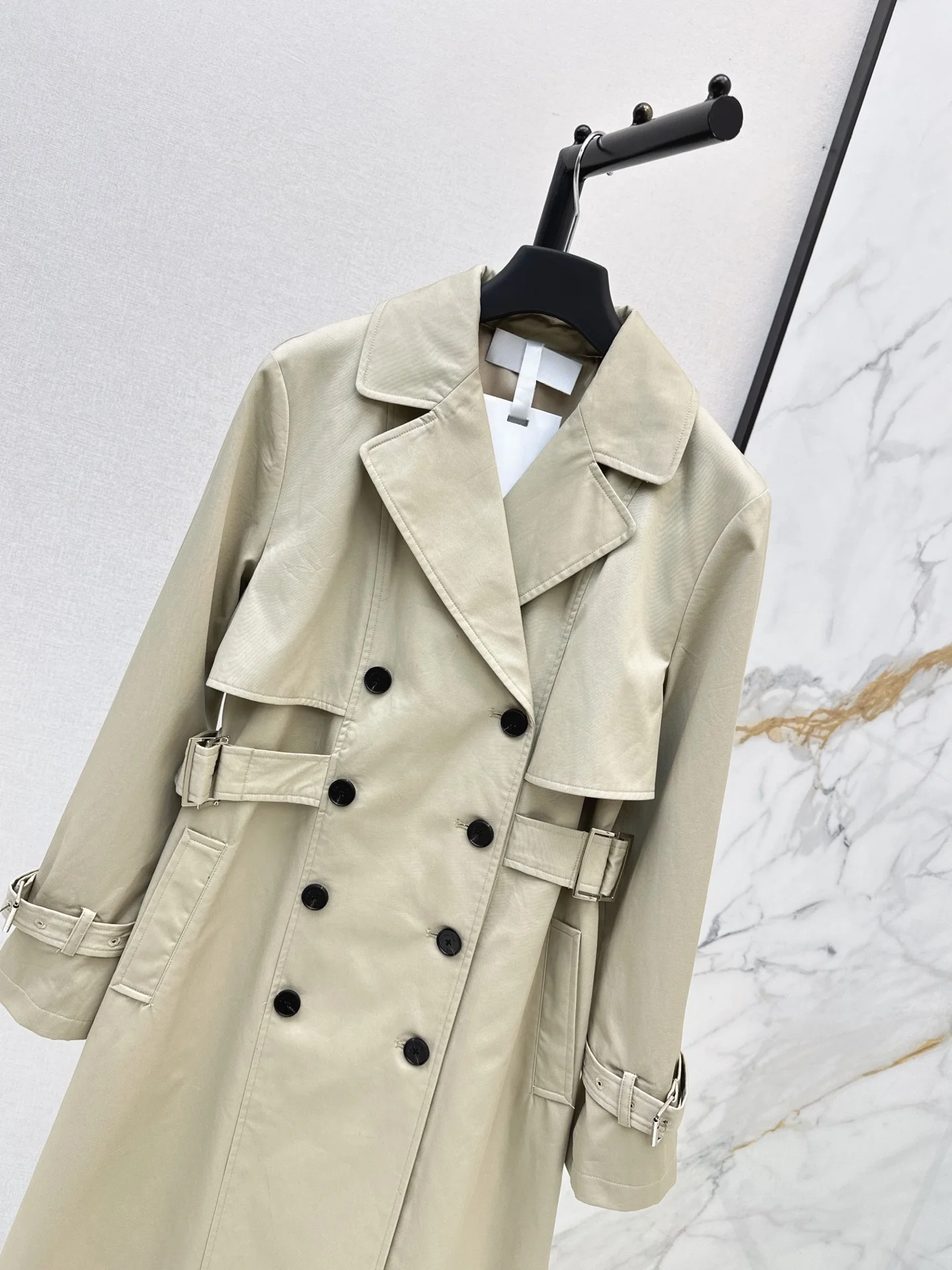 2026 Women Long Trench Coat Khaki Color Double Breasted Buttons Adjustable Tie Waist Below Knee Length Outer Coat