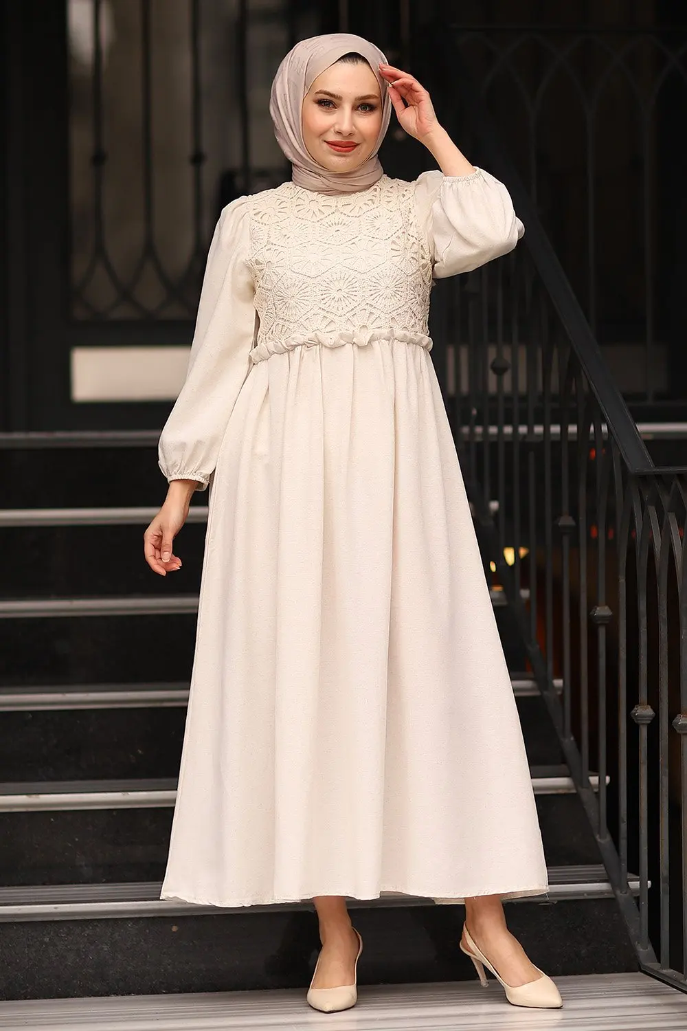 lace linen dress summer fashion turkish made muslim clothing stone color 20220037