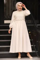 lace linen dress summer fashion turkish made muslim clothing stone color 20220037