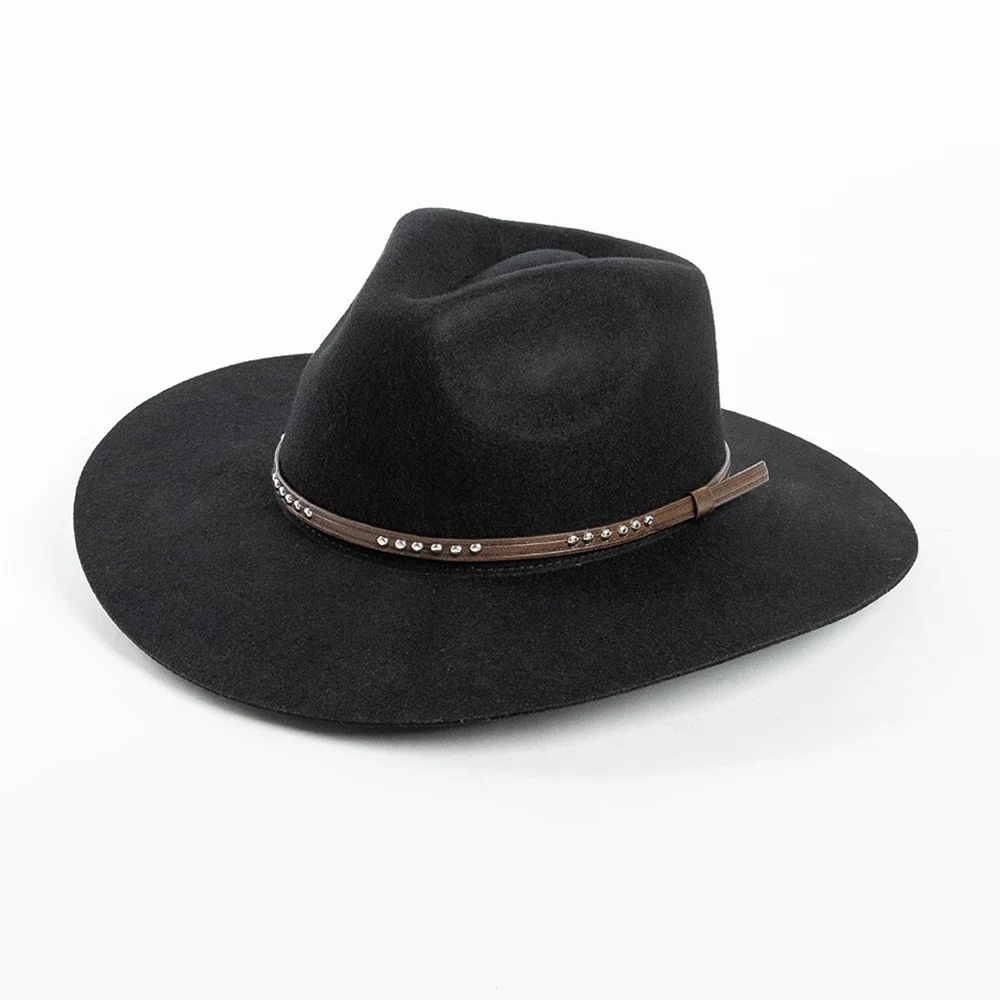 Męski kapelusz Fedora z szerokim rondem, wykonany w 100% z wełny australijskiej, z paskiem z PU i nitami — zdjęcie 2