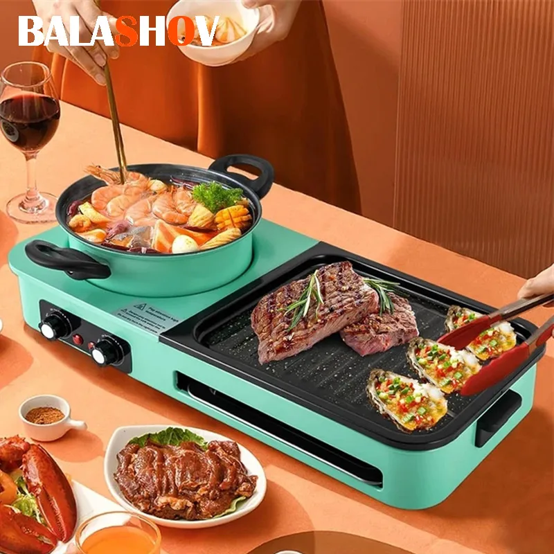 Elektrische Backpfanne, Suppenkochtopf, Grillplatte, Instant-Küche 3-in-1, Fondue, abnehmbar und waschbar, antihaftbeschichtete Backpfanne für 3-6 Personen