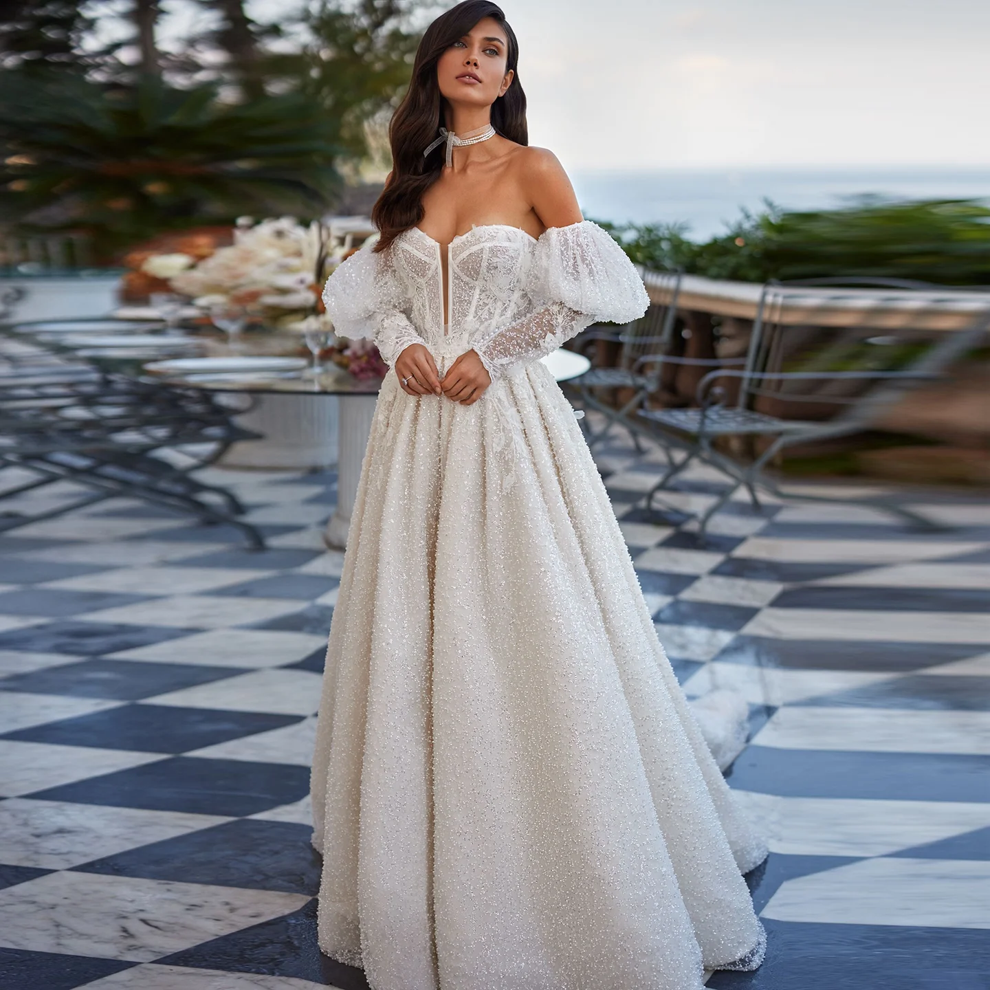 

Sharon Said Sparking Off White A-Line Tulle Wedding Dress 2025 Luxury Sweetheart Puff Sleeve Corset Bride Gowns SW497 Customized