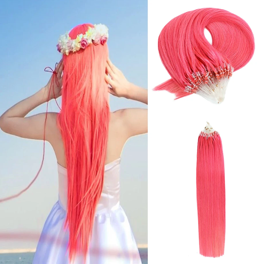 

Pink Micro Loop Hair Extensions Real Human Hair Natural Straight Remy Hair Colorful Microring Hair Extensions For Women 50g