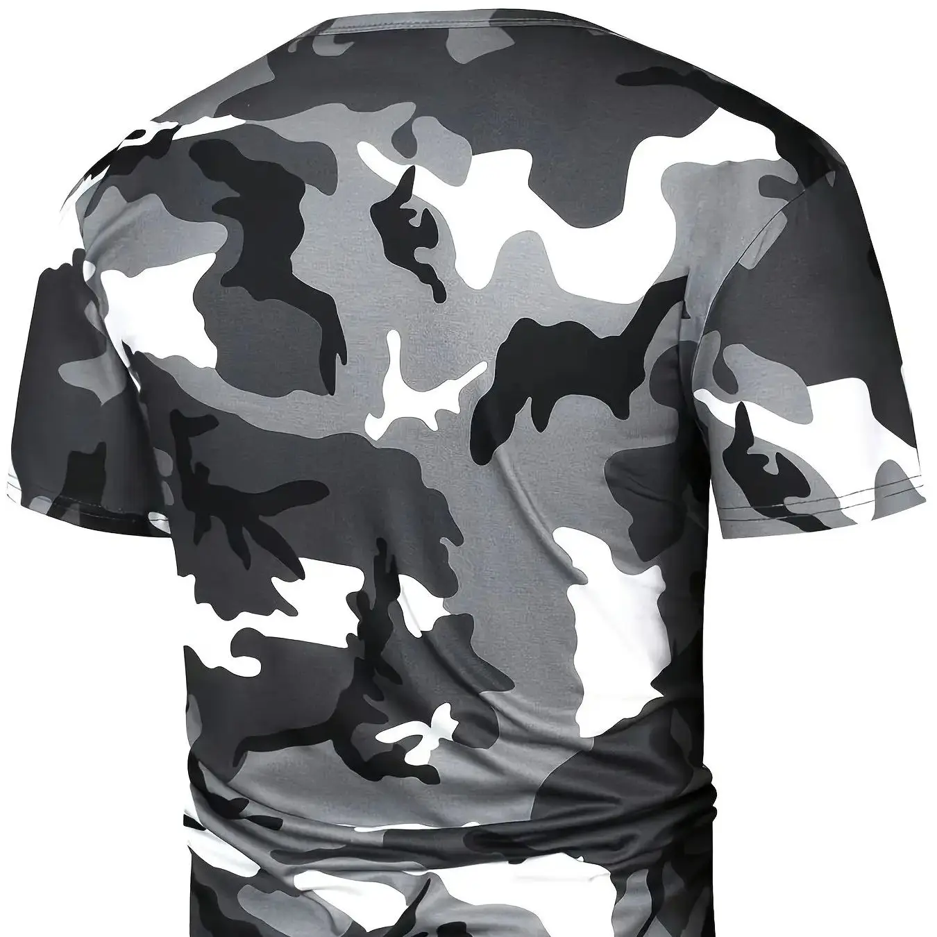 Men's Grey White Black Camo Full Print T-Shirt, Slim Fit Crew Neck Stretch Soft Fabric Camouflage Short Sleeve Tee For Outdoor H view 3