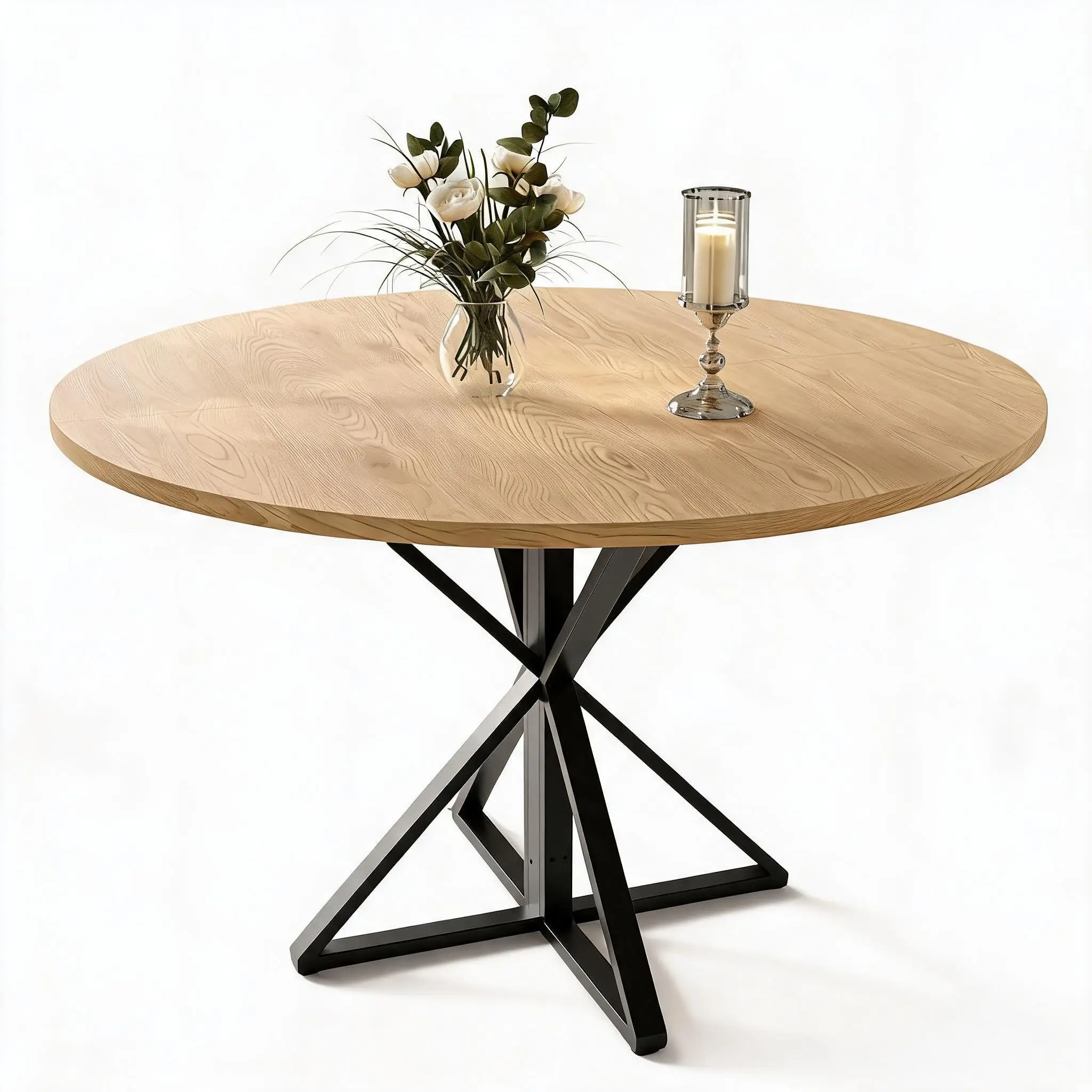 Meubles de salle à manger de style Landhaus avec plateau de table rond de 47 pouces en bois massif, base monopied stable, conçus pour gagner de la place - offrant des places assises pour 4 à 6 personnes, adaptés à la cuisine, à la salle à manger et à la salle de séjour