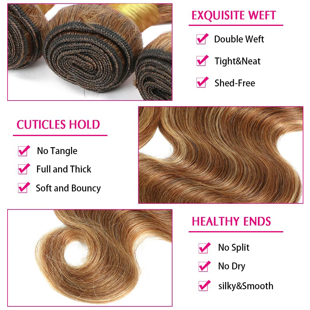 Body Wave Bundles with Frontal Honey Blonde Highlight 100% Brazilian Virgin Remy Human Hair 3 Bundles with 13x4 HD Lace Frontal