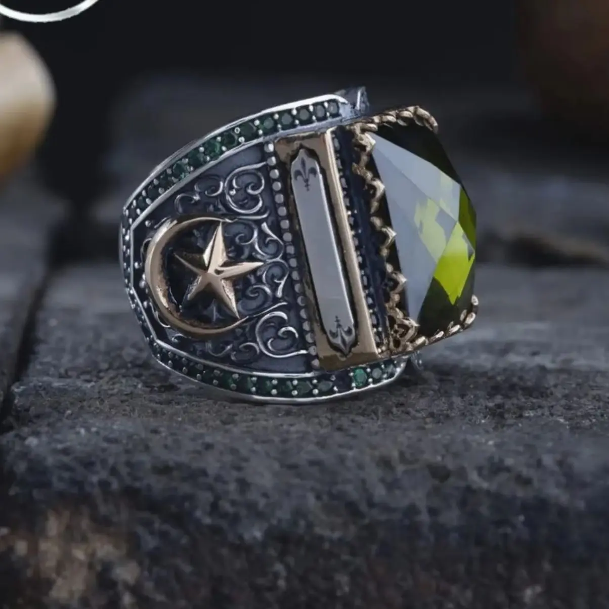 Unique 925 Sterling Men's Big Ring With Green Zircon Stone Handmade Natural Gemstones Side Part Moon And Star Gift Jewelry